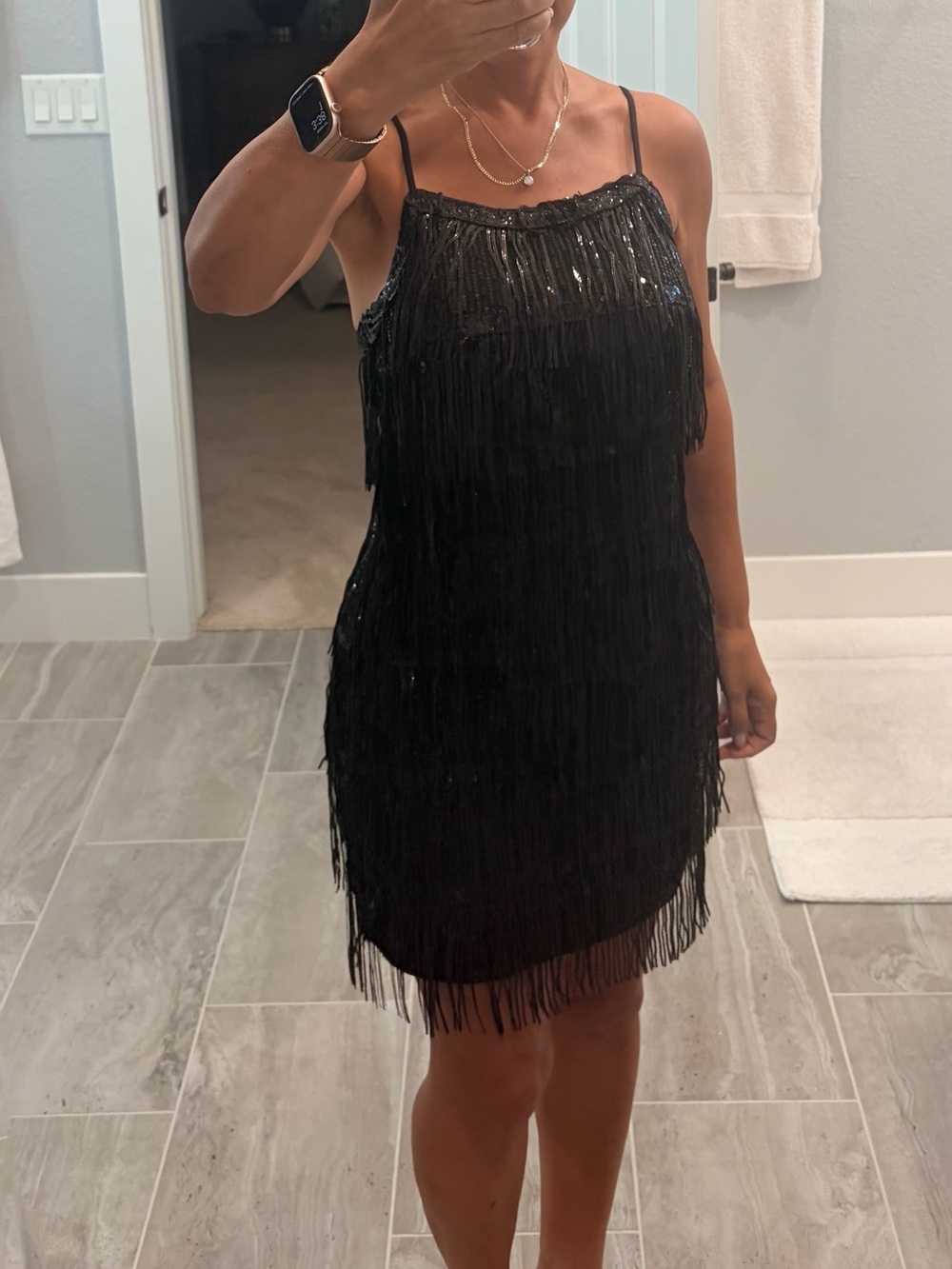 Black Fringe Spaghetti Strap Mini Dress